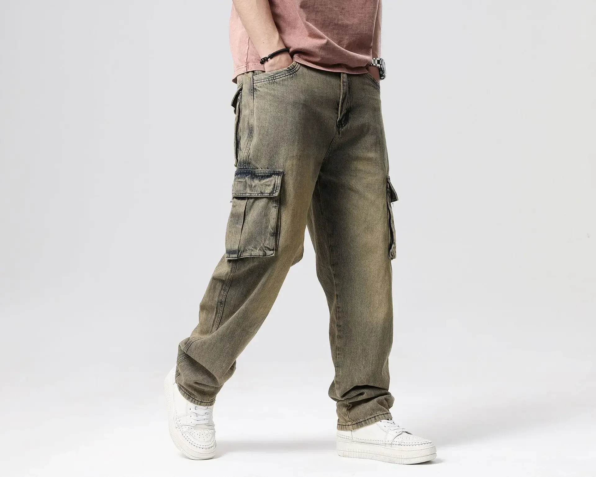 Distressed กางเกงยีนส์ผู้ชาย Baggy ตรงกางเกงเอวสูงหลายกระเป๋าล้างข้อเท้าความยาวกางเกง Denims 2024 ฤดูใบไม้ร่วง Streetwear