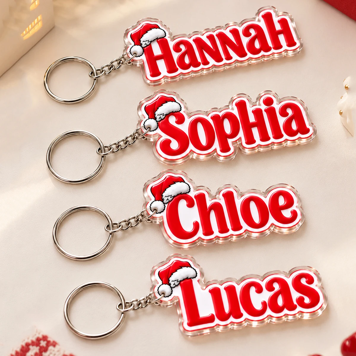 Customized Santa hat name hollow acrylic keychain backpack, bold red letter bag tag pendant, Christmas tree decorations gifts.