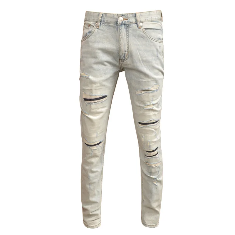 Retro Distressed Light Color Hole Jeans Men's 2024 Summer Thin Stretch Slim High-End Scrape Patch Casual Ankle Banded Pants