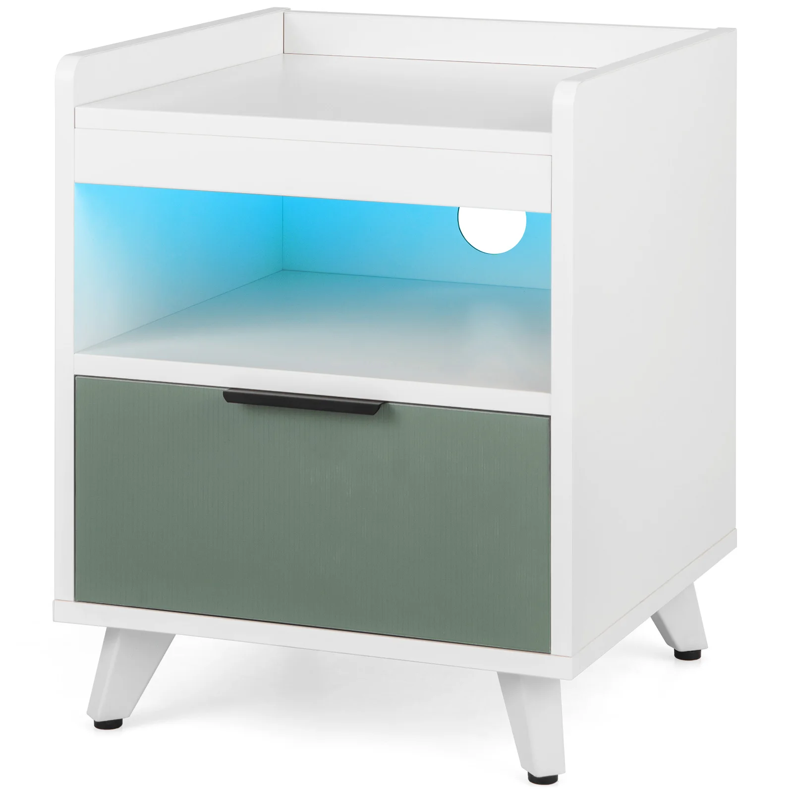 Nightstand Modern Beside End Table w/ LED Lights Open Compartment & Drawer