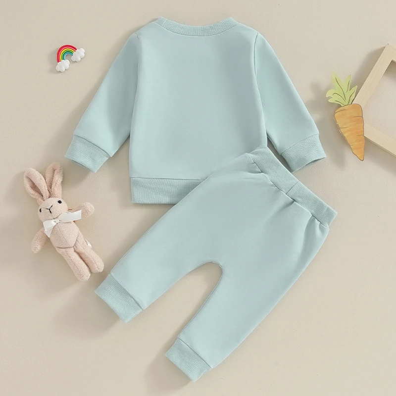 Adorable Baby Girls Easter Outfit with Bunny Embroidery Long Sleeve Sweatshirt and Elastic Waist Pants - Cute Spring Clothes