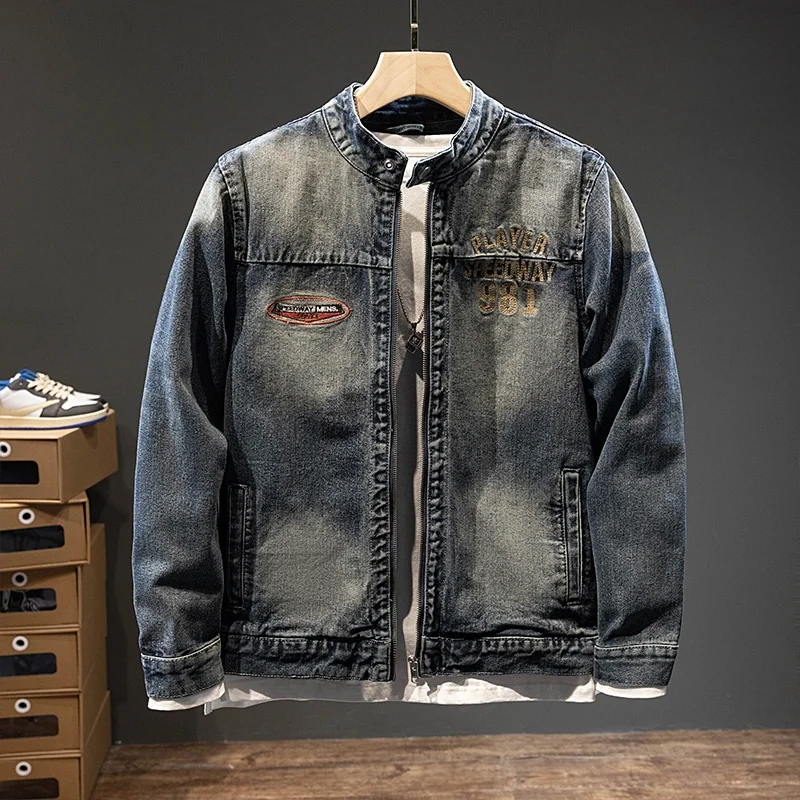 

Облегающий джинсовый джинсовый джинт на молнии, мужской американский ретро синий мотоциклетный джинт с вышивкой, воротник-стойка, весна-осень