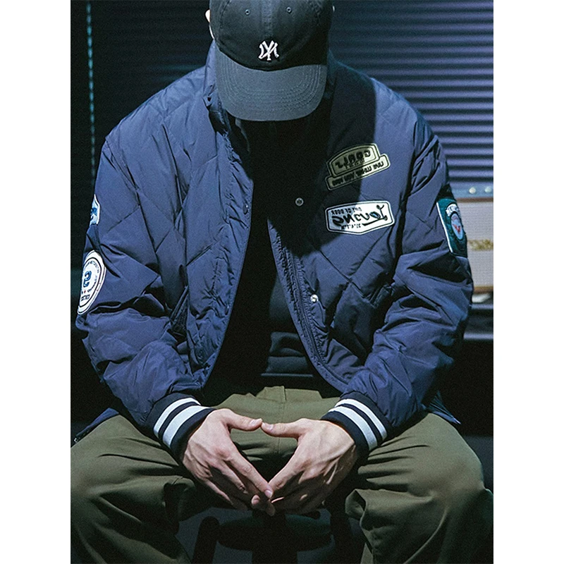 Retro Japanese Style Lightweight Cotton Jacket for Men Loose Oversize Short Diamond Pattern Stand Collar down Jacket