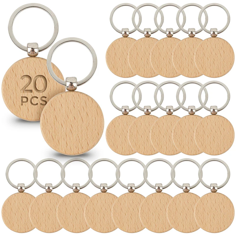 

20Pcs Beech Keychain Round Wood Keyring Wooden Pendant Keyrings Business Festival Small Gift