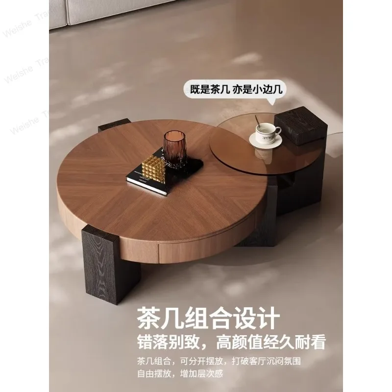 

Minimalist Italian round living room home light luxury high-end coffee table combination retro design walnut coffee table