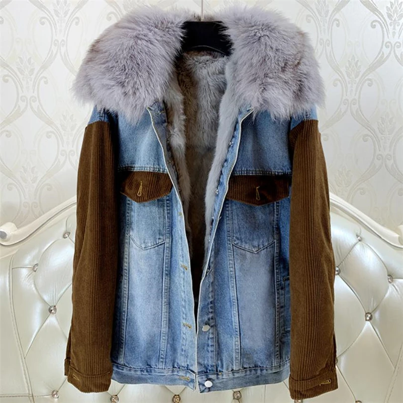 

2023 winter corduroy patchwork thick denim parkas women casual Korean loose detachable rabbit fur liner denim jacket coats Y3231