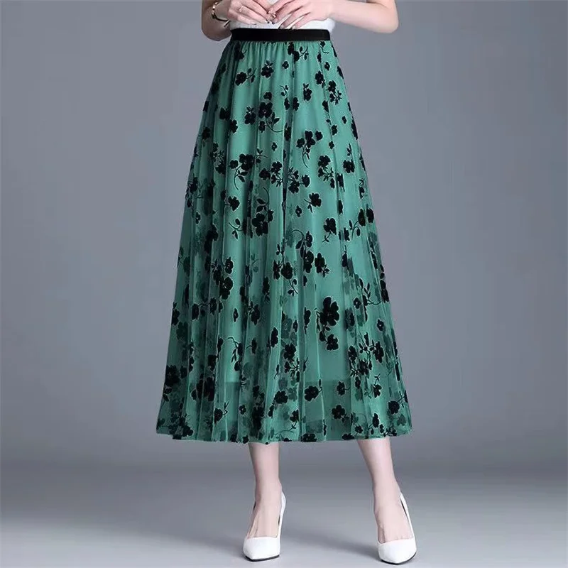 Women's Mesh Flower Skirt 2024 Spring Summer Lace Flocking Big Swing Elastic High Waist Fashion Elegant A-line Skirt Half skirt