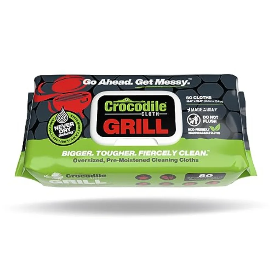 

Crocodile Cloth Grill 80 15 x 10 Plantbased Cleaning Wipes. Safe on Skin Multiple Surfaces. Infused with Aloe Vitamin E. Large