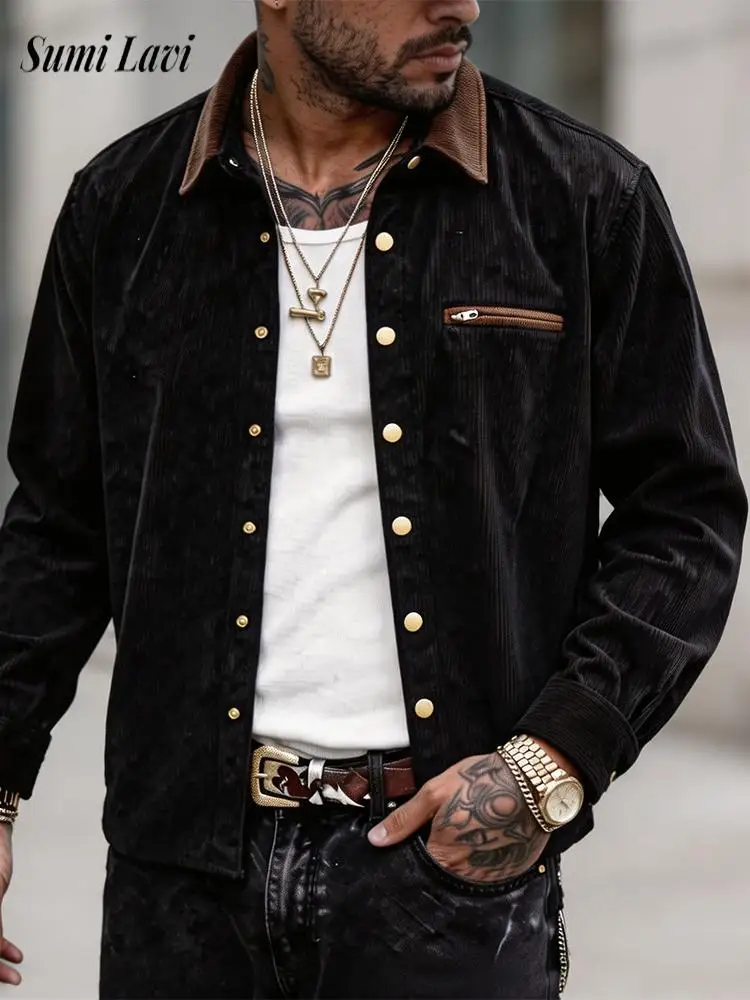Daily Casual Lapel Jackets Mens Trendy Contrast Color Long Sleeve Outerwear Tops 2026 Fall Outdoor Button-up Cardigan For Men