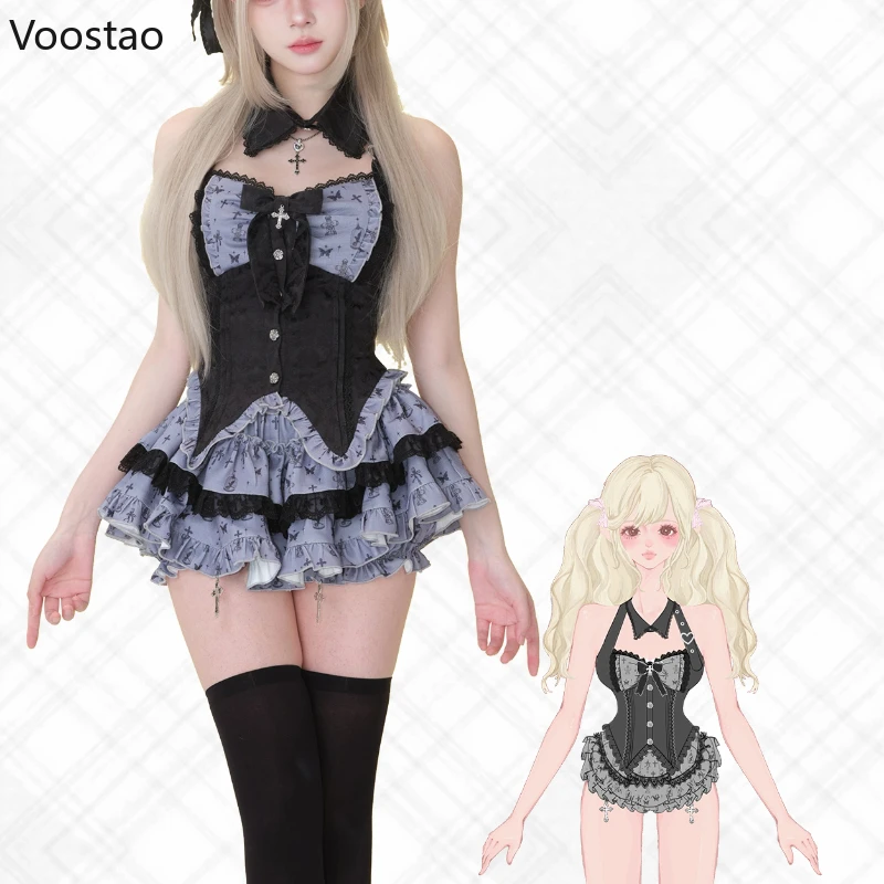 Conjunto de falda estilo Lolita japonés Y2k para mujer, blusas de encaje con estampado dulce, Tops, Mini faldas de pastel, traje gótico Harajuku, conjuntos de 2 piezas