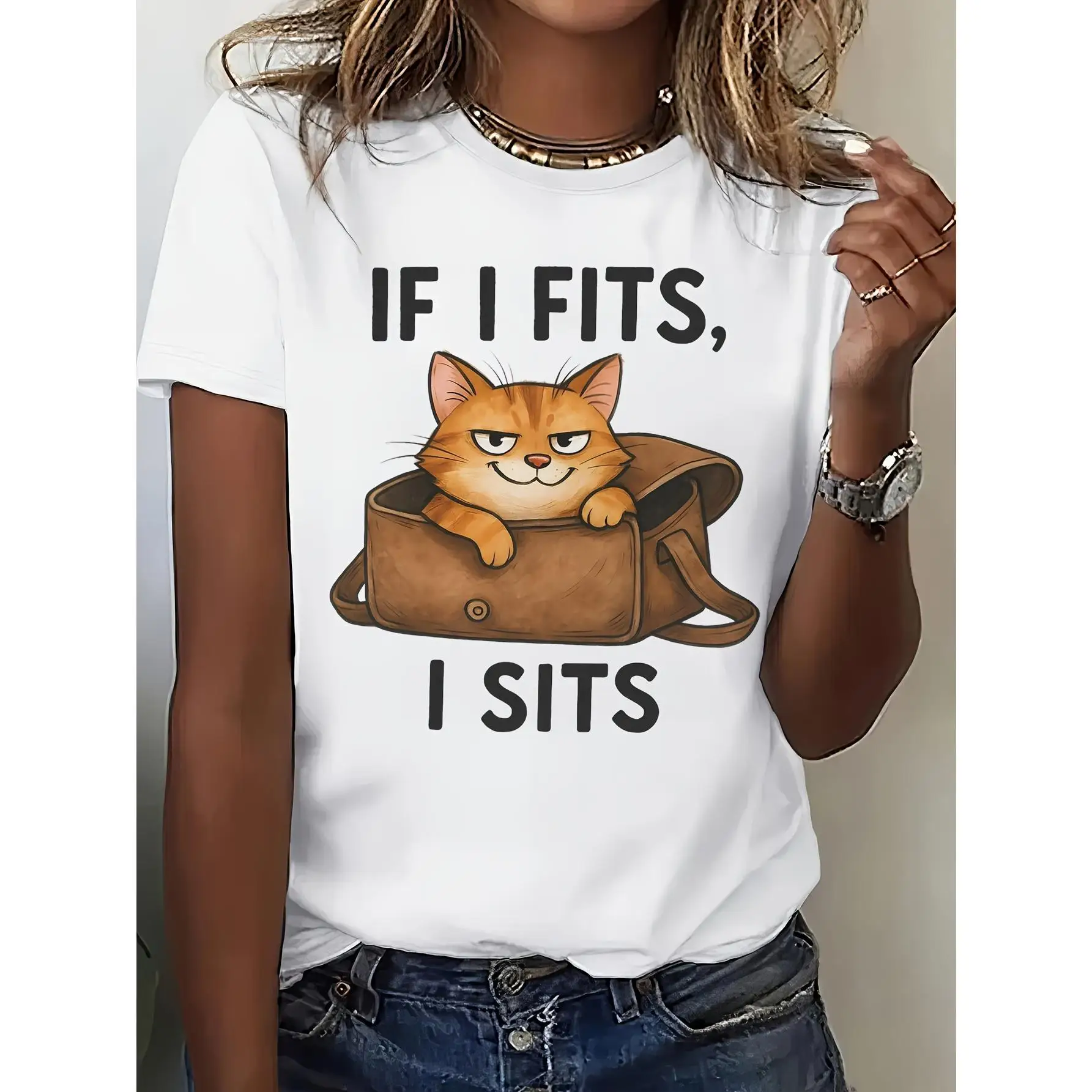 

Women's Sarcastic Cat "If I Fits I Sits" Graphic T-Shirt - Lightweight Casual Short Sleeve Round Neck Tee With Grumpy Orange Tab
