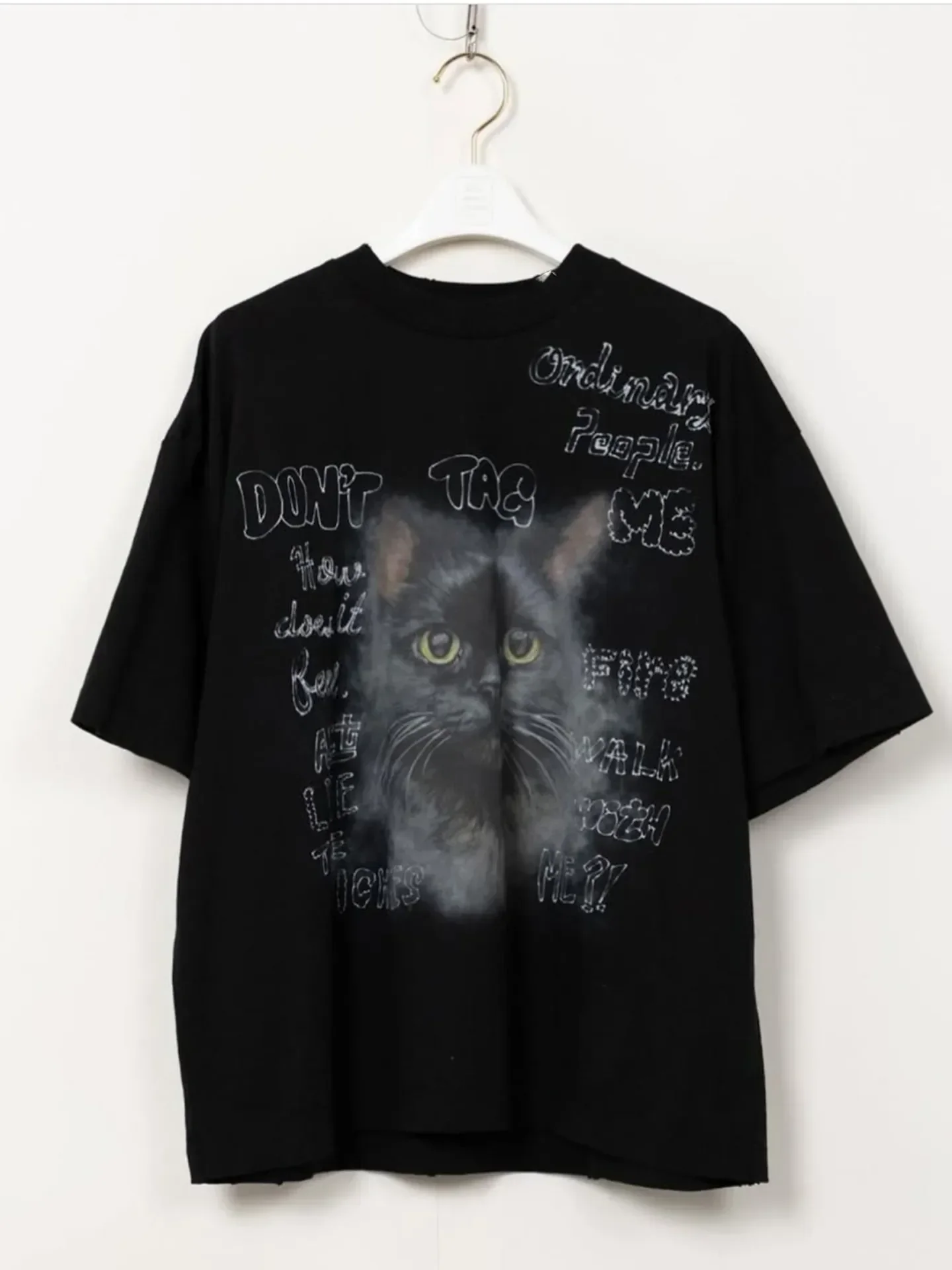 Japanese Crew Neck Down Shoulder Sleeve Cat Letter Print Loose Short Sleeve T-Shirt