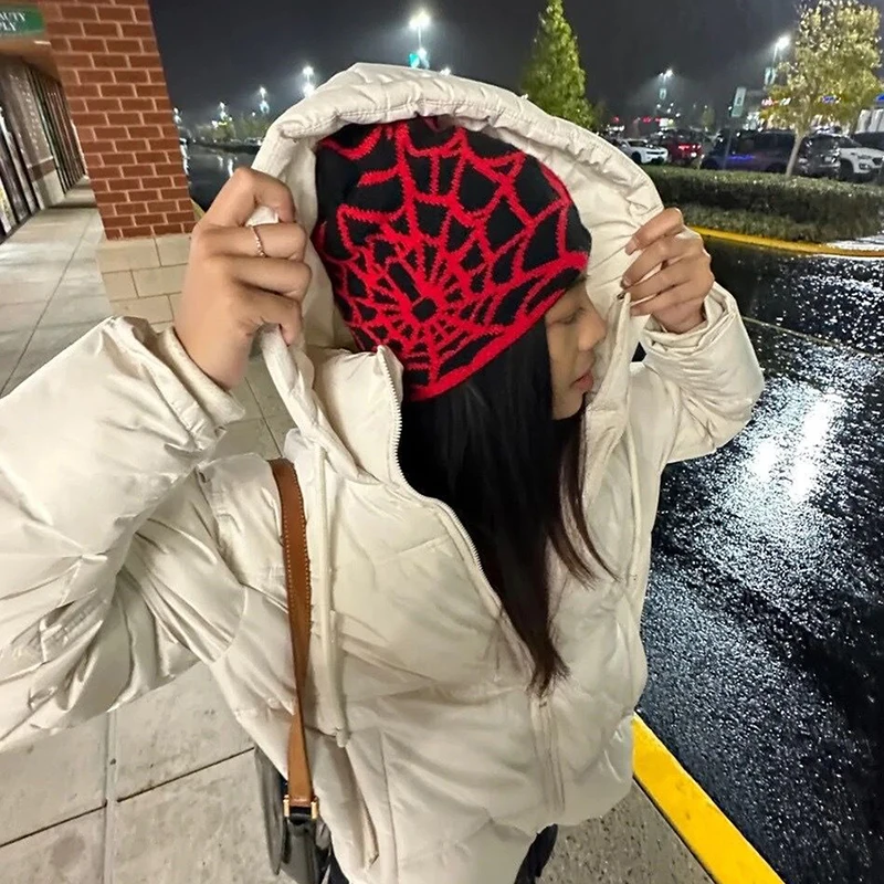 All Season Men Women Spider Web Pattern Beanie Cap Gothic Knit Cuffless Slouchy Skull Hat