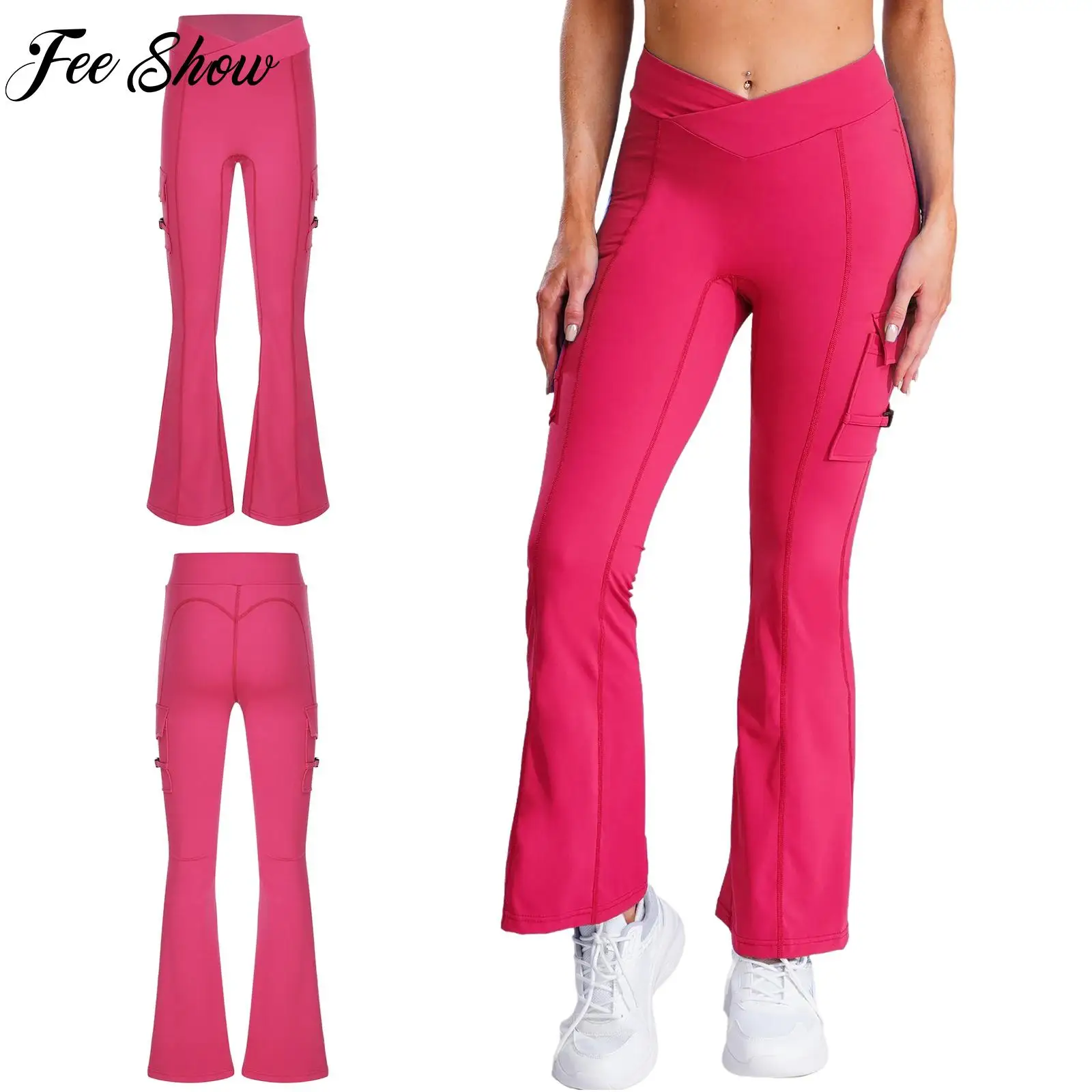 

Женские брюки-карго для йоги с V-образным вырезом спереди, эластичные расклешенные леггинсы с пряжкой и карманами на клапанах для занятий спортом в тренажерном зале, бега, фитнеса, спорта