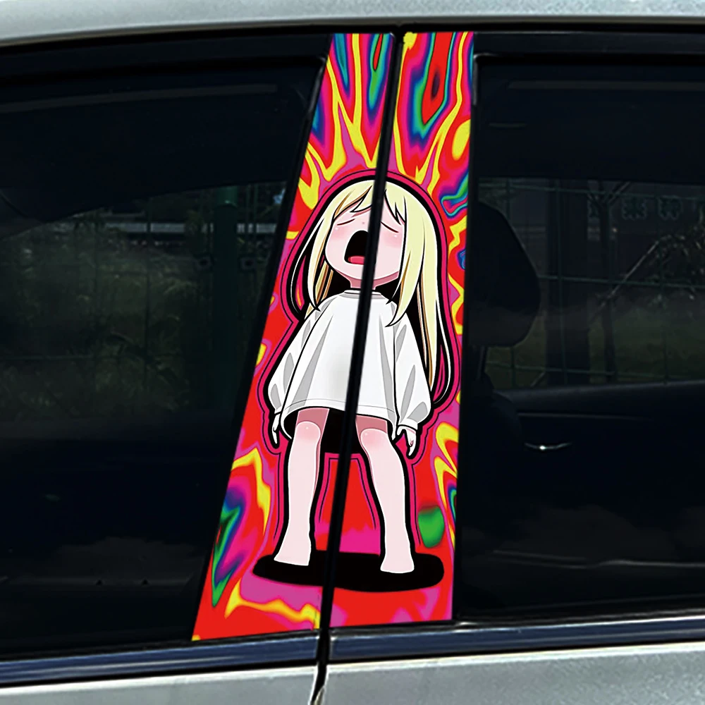 2 pegatinas para ventana de coche con diseño de chica anime Scream Hippie Swirl, calcomanía estética de PET de larga duración, ajuste universal con herramienta de regalo