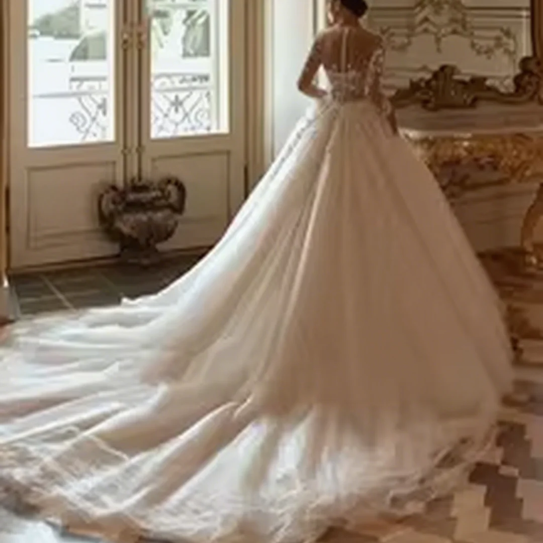 Customized Scoop Neck Beading Ball Gown Wedding Dresses Long Sleeve Appliques Court Train Princess Bridal Gown