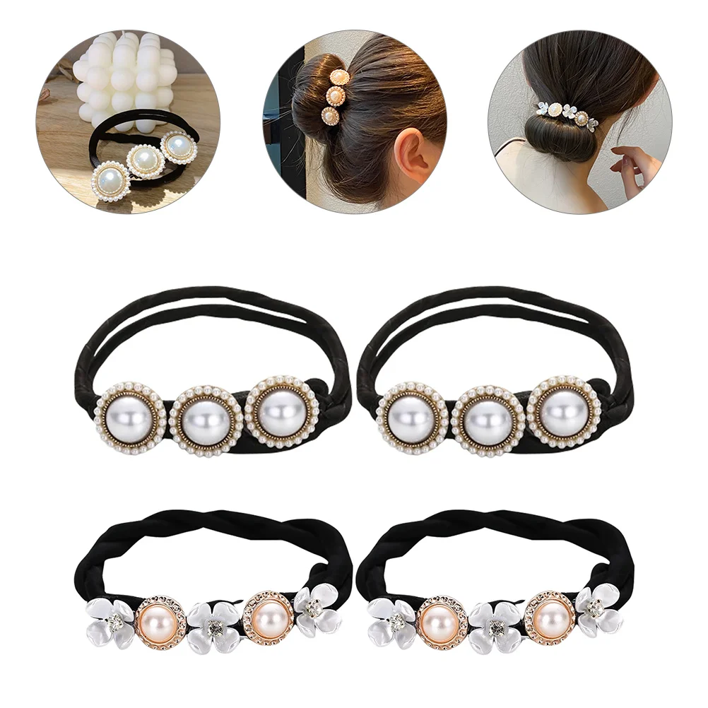 

4pcs Ponytail Holder Cuffs For Women Elegant Decorative Ties Thick Elastic Pearl Hair Bands Scrunchies Thin Hair Rope Ponytail