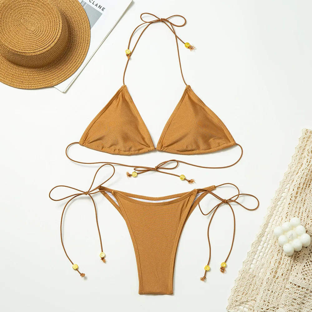 Light Brown Solid Ladies Swimwear Halter Bead String Triangle Micro Thong Bikinis Sets Sexy Swimsuit Women 2025 Bather Biquinis