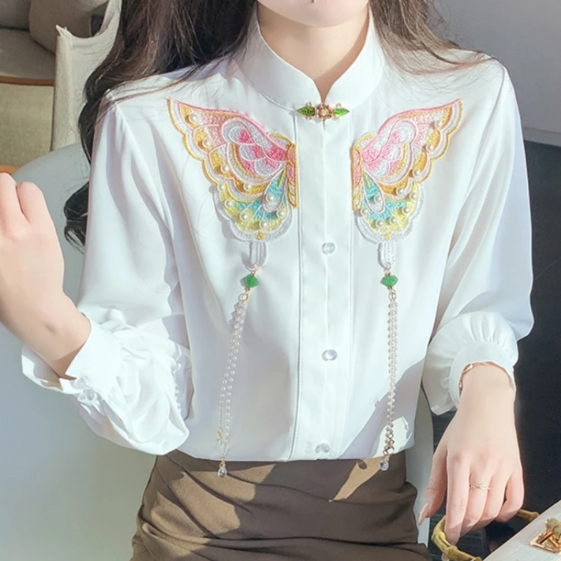 2024 Spring Stand Collar Chiffon Blouse Long Sleeve National Style Buckle New Chinese Embroidered Shirt Women's Retro Top Camisa