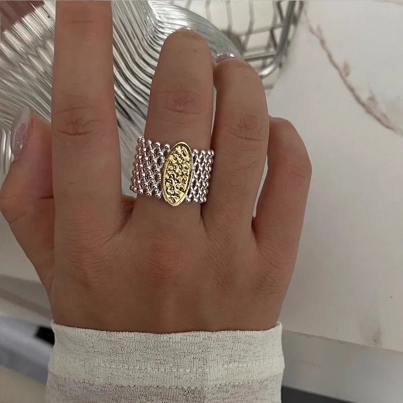 

Creative Glossy Laziness Hollow out two-color Ring Opening Trendy Charm Elliptical Wide rings for women Banquet Jewelry Gift