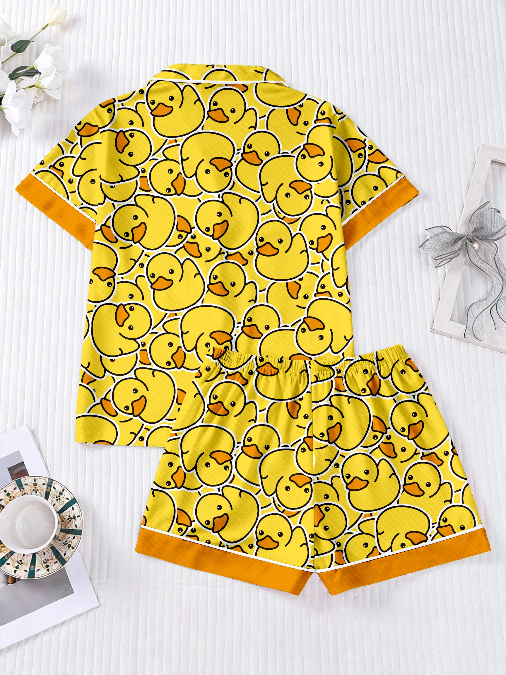 Women's pajama set, duck print pattern home suit set, comfortable lapel top and shorts