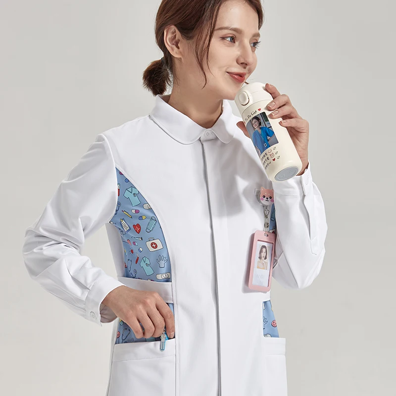 Print Nurse Scrubs Dress Vitality Healthcare Tunic White Women Beautician Work Uniform in Style Nursing Dresses 802-PSDG