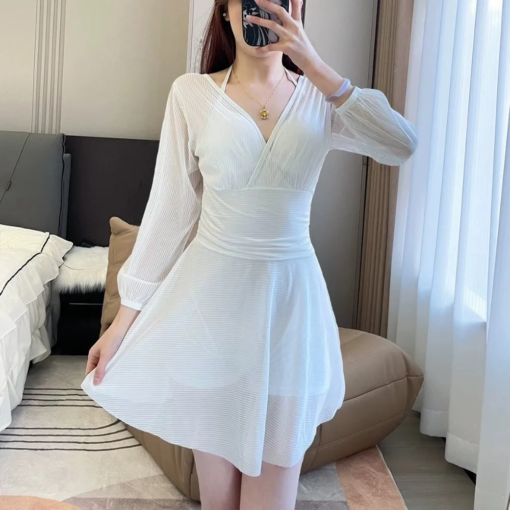 

Fashion Transparent Long Sleeve Skirt Swimsuit Backless Hanging Neck Beachwear Clothing V-neck Slim Fit Mesh Swimsuit Ladies