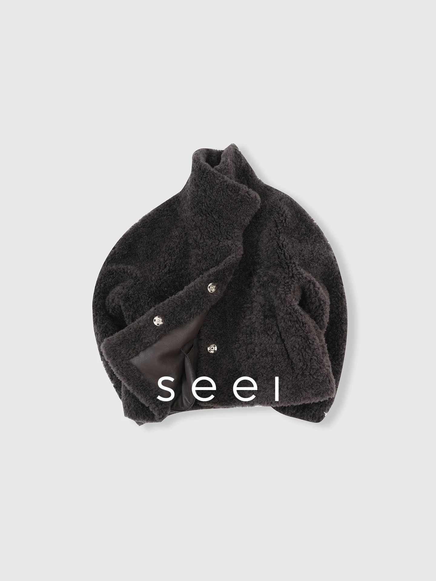 Jaqueta Feminina de Inverno Quente de Lã Grossa com Gola Alta, Detalhes em Couro e Pele, Manga Longa e Caimento Solto