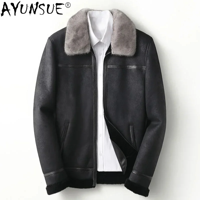 AYUNSUE 2025 Winter Real Sheep Shearing Jackets Male Big Warm Mink Fur Collar Black Casual Suede Men Jacket Abrigo Hombre Gmm411