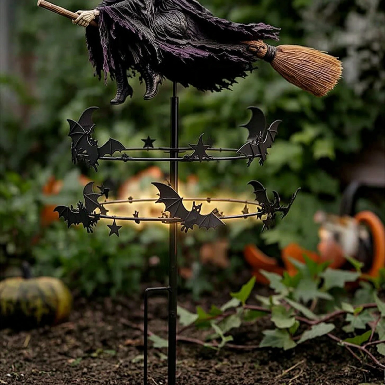 Witch Wind Rotator Metal Garden Rotator with Witch Molinillo De Viento Con Murciélago Spooky Decor Whimsical for Halloween, Yard