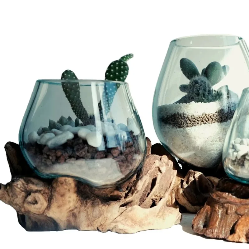 Custom Irregular Shape Glass Vase Glass Container Wooden Bottom Stand Gift Planting Container Kit