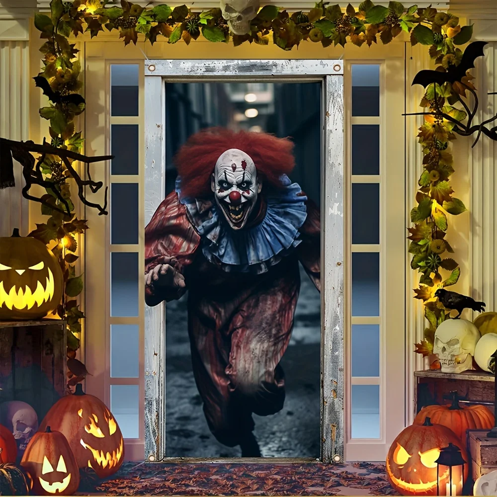 Halloween decoration background photography, crazy clown running towards you with a scary smile, creepy