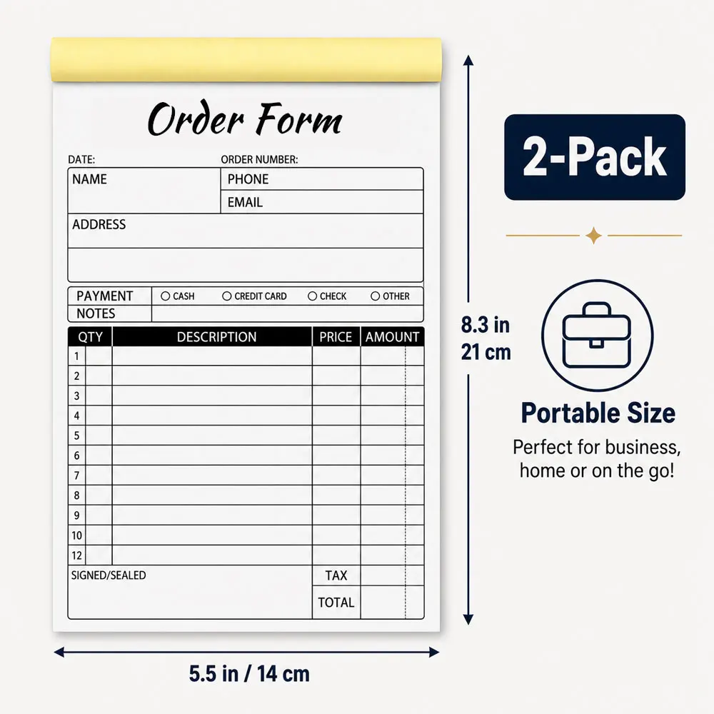 2-Pack Carbonless Order Form Receipt Books, White/Yellow Copy, 5.5x8.3in Tear-Off Pads for Office Retail
