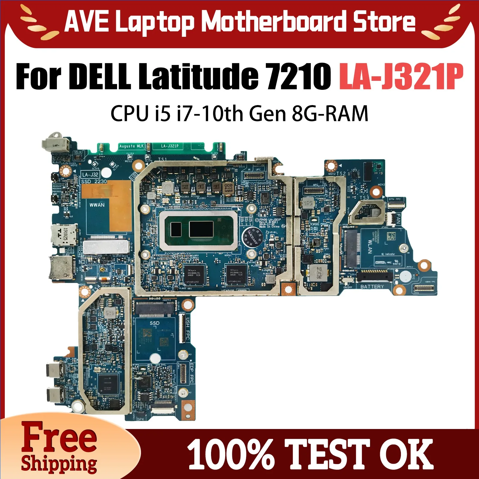 LA-J321P Motherboard For Dell Latitude 7210 Laptop Mainboard 0CTKYT 09XR7X With i5-10310U i7-10610U CPU 8GB RAM