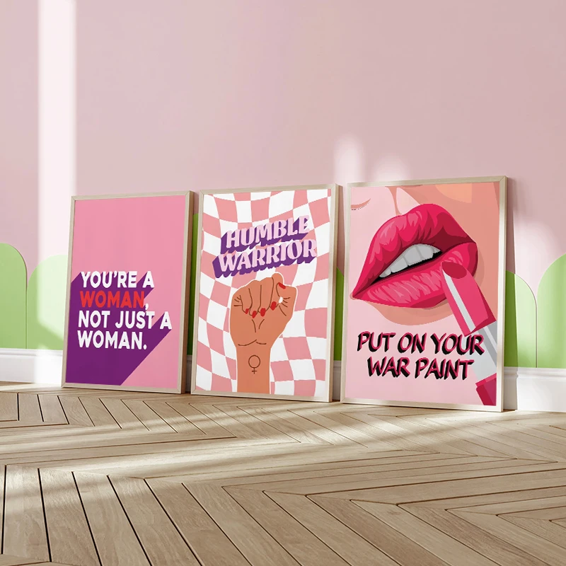 Nordic Fashion Women Pink Minimalism Colorful Text Feminist Retro Poster Canvas Paintings Wall Art Pictures Dormitory Home Decor