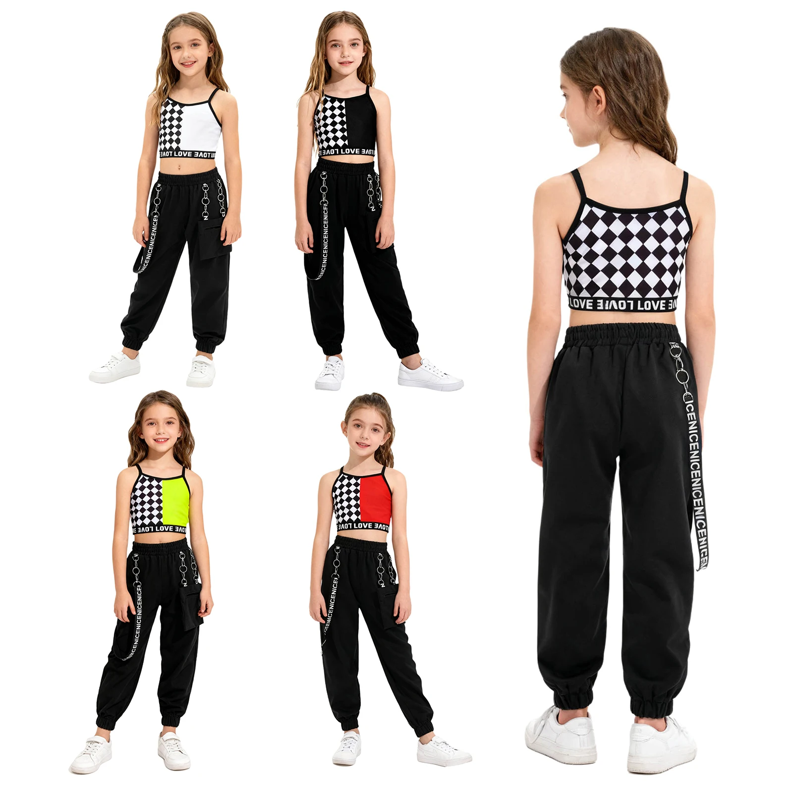 أطفال بنات الهيب هوب الجاز شارع الرقص وتتسابق منقوشة رسالة مطبوعة الدبابات القمم مع سلسلة معدنية Sweatpants Dancewear الرياضية