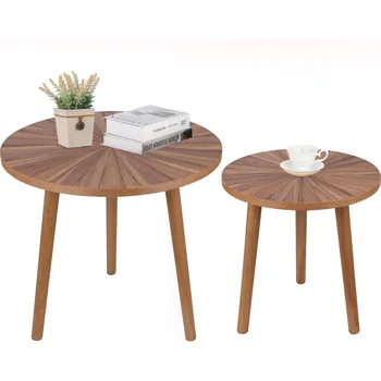 Image Round Coffee Table Set of 2, Mid Century Modern Coffee Table, Small Farmhouse Coffee Table, Wood Nightstand Bedside