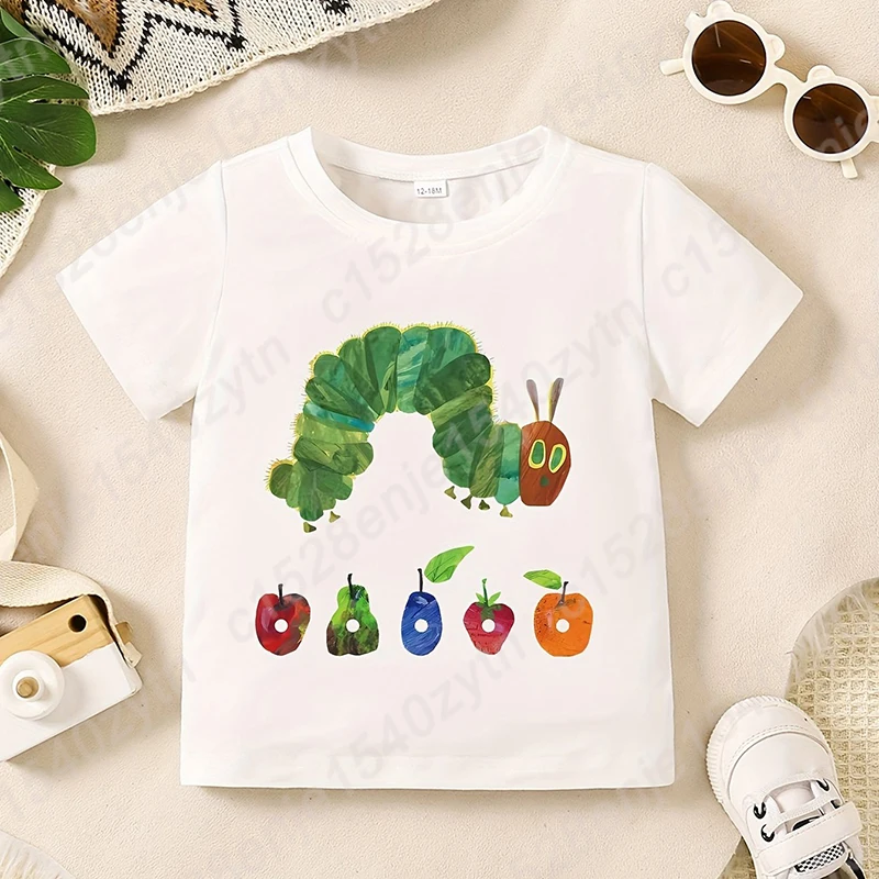 Cartoon Caterpillar and Fruit Print Short Sleeve T-Shirt for Boys, Summer Casual Crew Neck Tee Gift