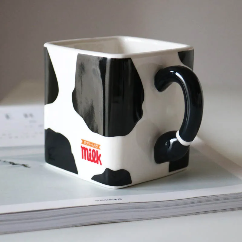 TingKe Japanese Style Cartoon Cow Square Ceramic Mug Creative Black and White Cow Pattern Ceramic Cup Coffee Cup Milk Cup Gift