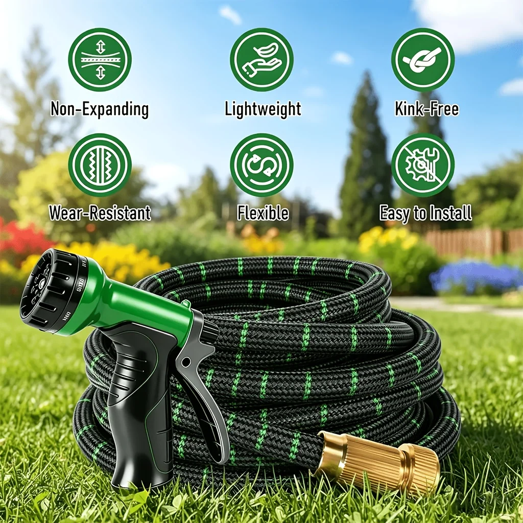 Garden Hose Household Water Pipe, Multifunctional Nozzle Hook Not Easy to Twist, Leak Proof Design, Wear-Resistant Fabric, Rust Free, Suitable for Garden Irrigation, Courtyard, Lawn, Car, RV, Outdoor Use