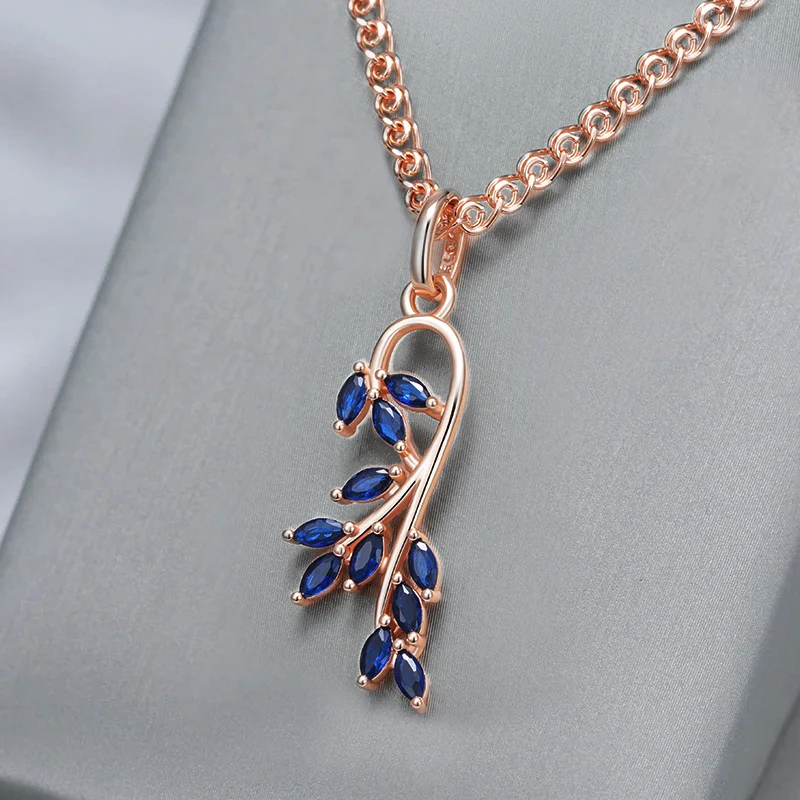 Wbmqda Luxury Blue Leaf Shape Pendant And Necklace For Women With 585 Rose Gold Color Chain