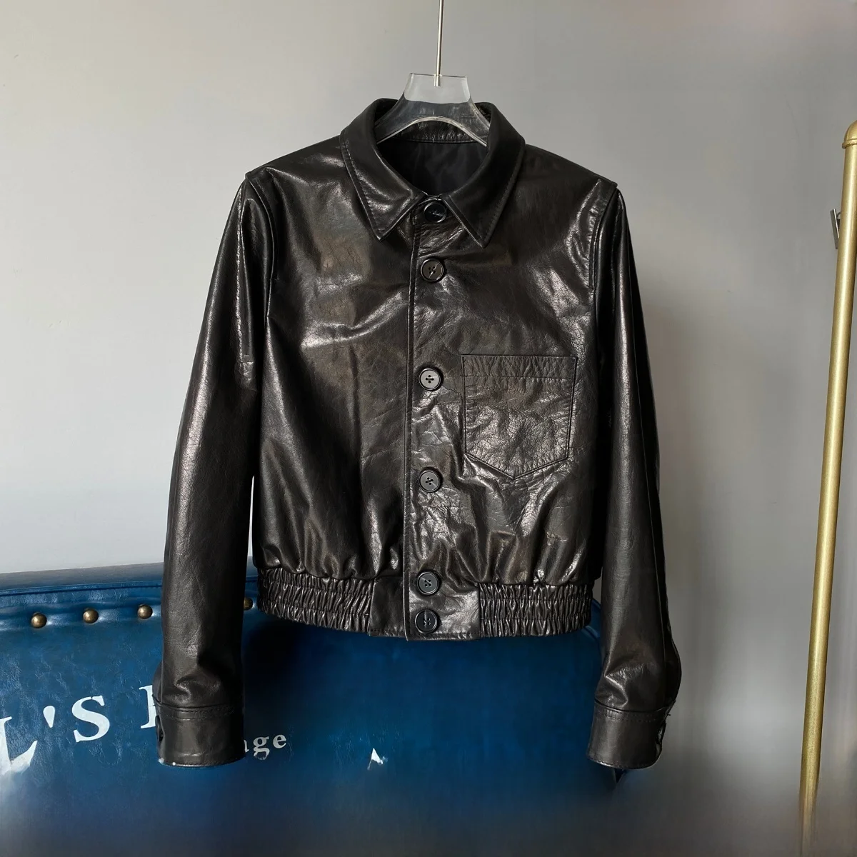 Frühling 2025, Damen, echtes Eiffell-Leder, Jaet, lässig, Faion, schlankmachend, Flip-Kragen, Reißverschluss, Pendler-Sle