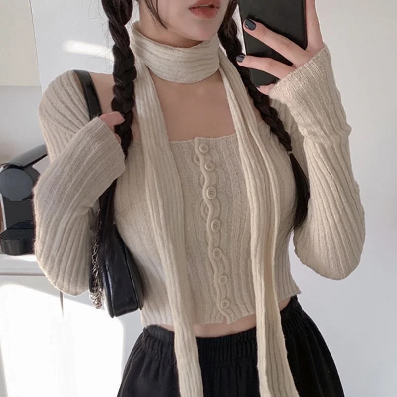 South korea Dongdaemun New Elegant Women's Sexy Square Collar off-the-Shoulder Slimming Waist Knit cardigan Women's Top