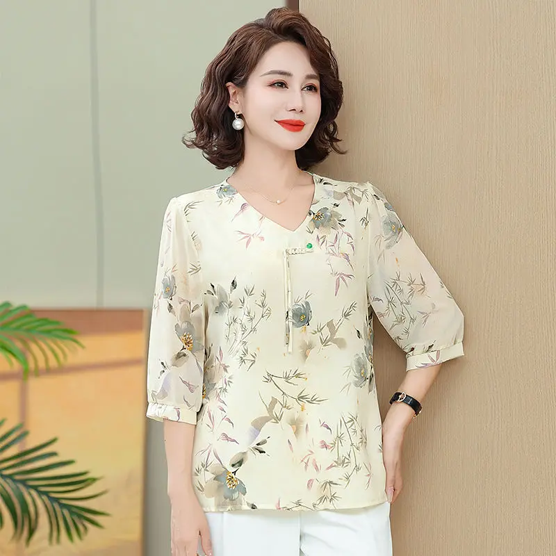 

Thin Chinese Style T-shirt in Summer New Fashionable 7-quarter Sleeve Chiffon Shirt Top