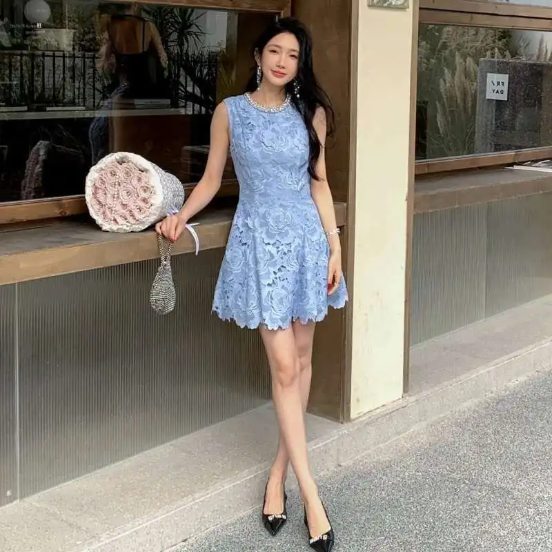 

Luxury 2025 Summer Holiday Beading Crystal Blue Embroidery Lace Party Dress Women's Short Sleeve Evening Ball Gown Long Vestidos