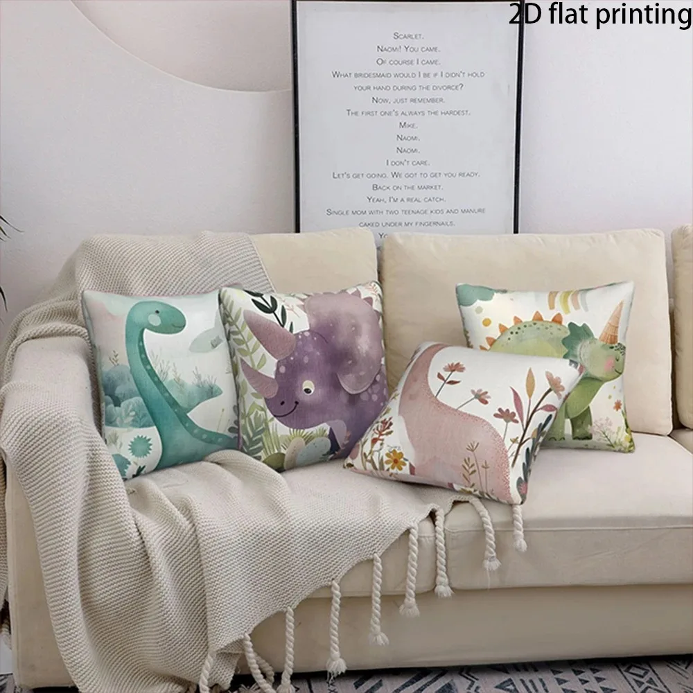 Cute Cartoon Dinosaur Pillowcase 2D Flat Printed Peach Skin Cushion Cover Kawaii Dino Throw Pillow Case for Room Nursery Decor