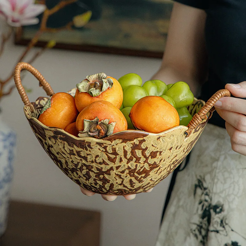 Special-shaped deep bowl handmade coarse pottery hemp rope binaural bowl retro characteristic snack fruit basin