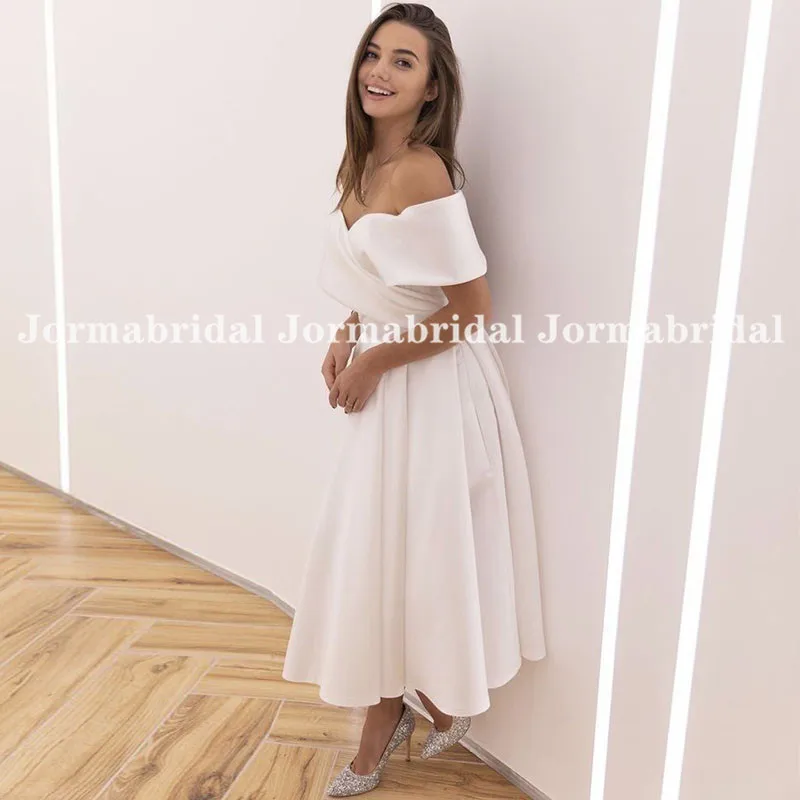 Simple Tea-length Wedding Dresses Off the shoulder White Ivory Satin A-line Short Beach Bride Gowns Back Lacing Wedding Gowns