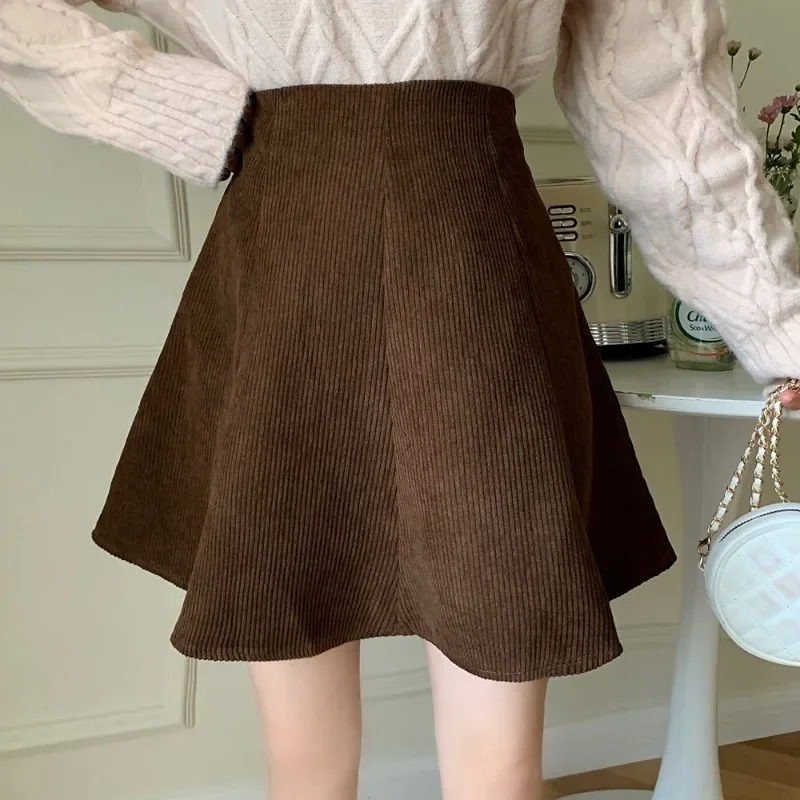 Corduroy Skirts Women Autumn Fashion Retro Lovely Ulzzang Simple Ladies Pleated All-match Solid Casual Mujer Empire Preppy Style