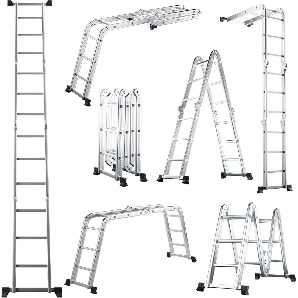 

12.2 FT Folding Step Ladder,7-in-1 Multi-Position Aluminium Extension Ladder with Reinforced Stabilizer Bar & Non-Slip Foot Pads